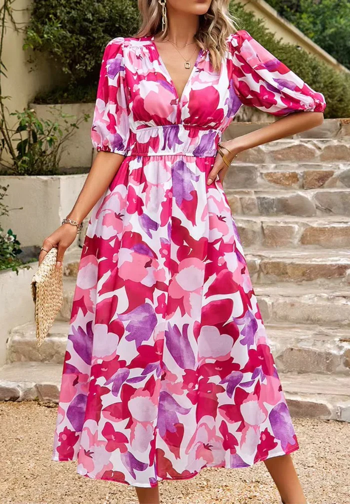 Damen Midikleid mit Print und Puffärmeln