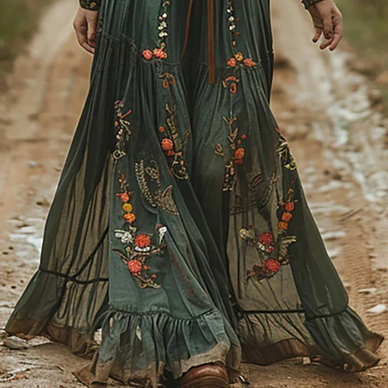 Sophie | Plus Size Maxikleid Blumenmuster V-Ausschnitt Bohemian Langarm