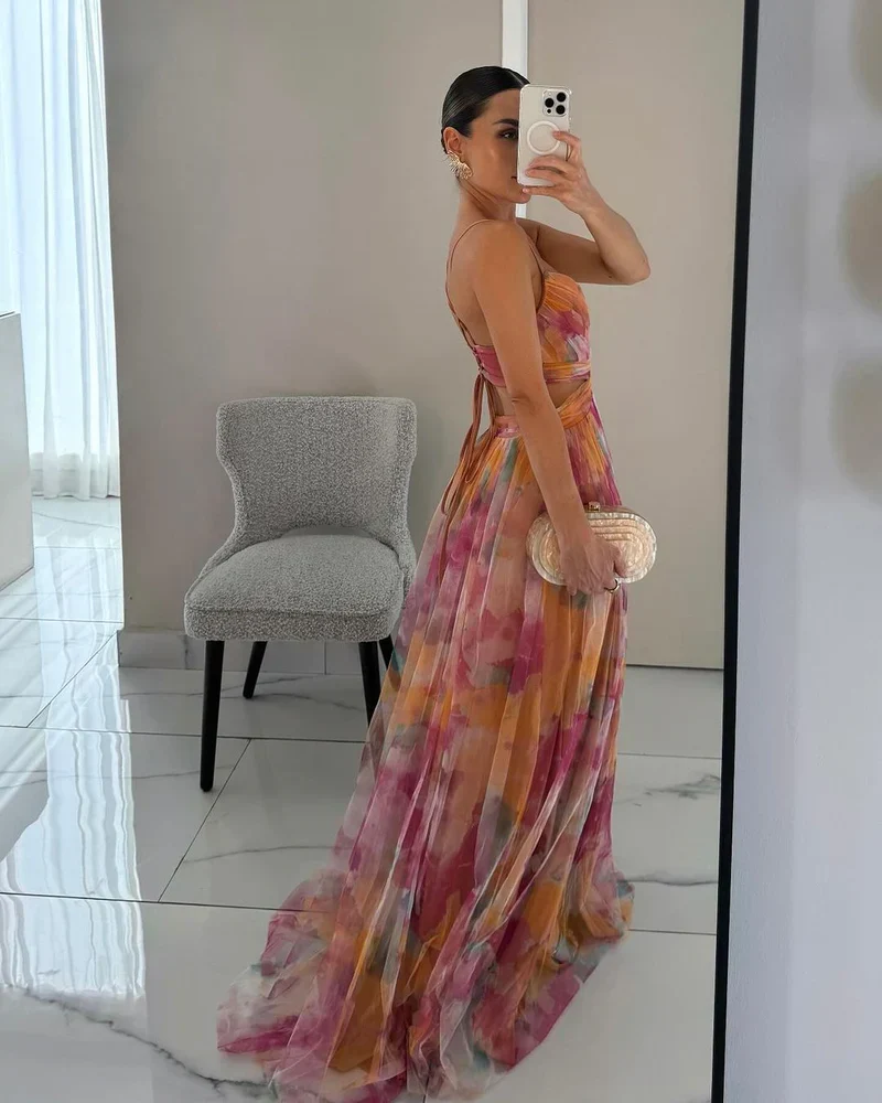 Damen Maxikleid mit Spaghettiträgern, Wickeloberteil und Taillenausschnitt