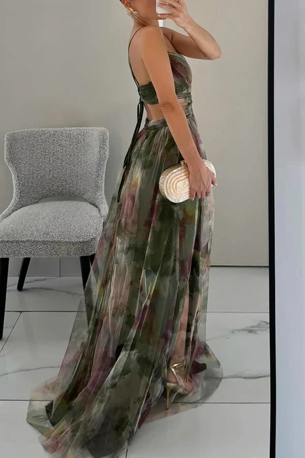 Damen Maxikleid mit Spaghettiträgern, Wickeloberteil und Taillenausschnitt