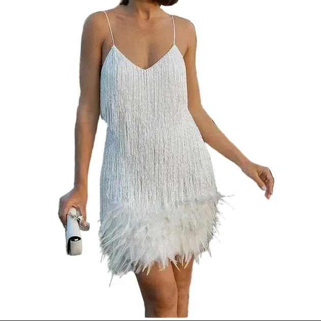 Damen Minikleid mit Spaghettiträgern, Fransenlagen und Federbesatz am Saum