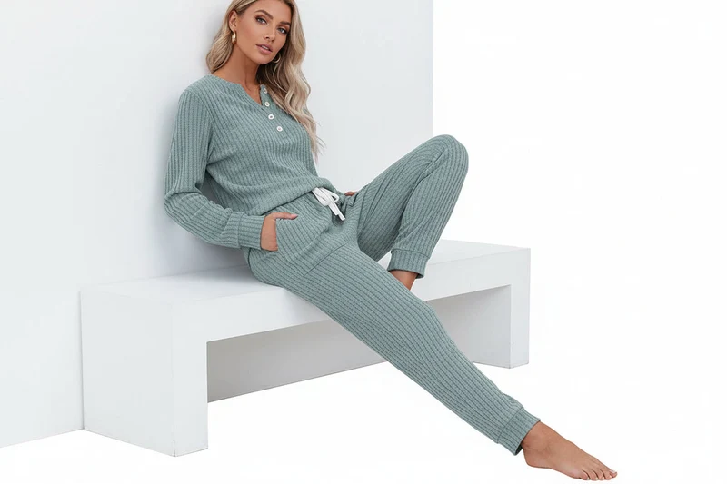 Rippenstrukturiertes zweiteiliges Set mit Langarmoberteil und Hose
