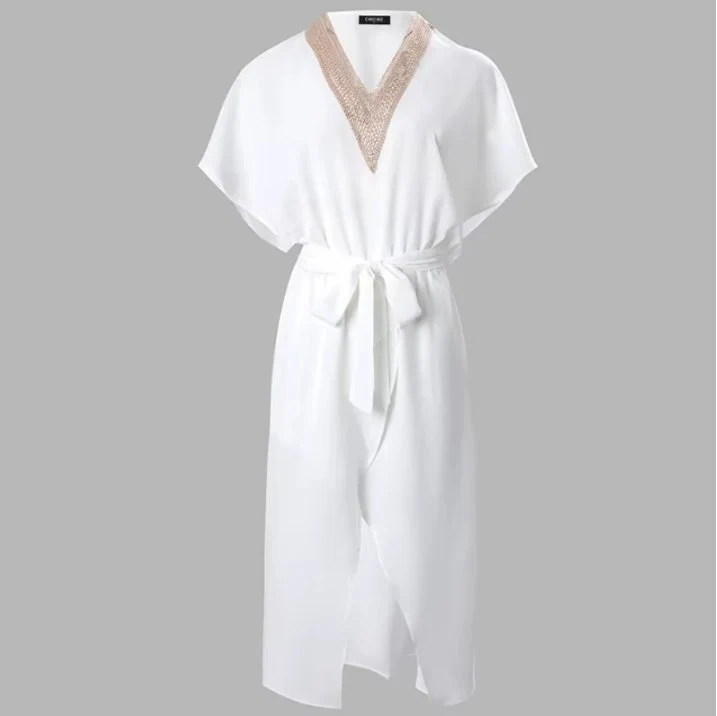 Johanna | Damen Midi Kleid V-Ausschnitt Gold-Detail Kurzarm
