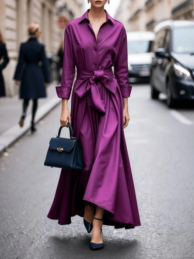 Elisabeth | Damen Hemdkleid Langarm Taillengürtel Maxikleid