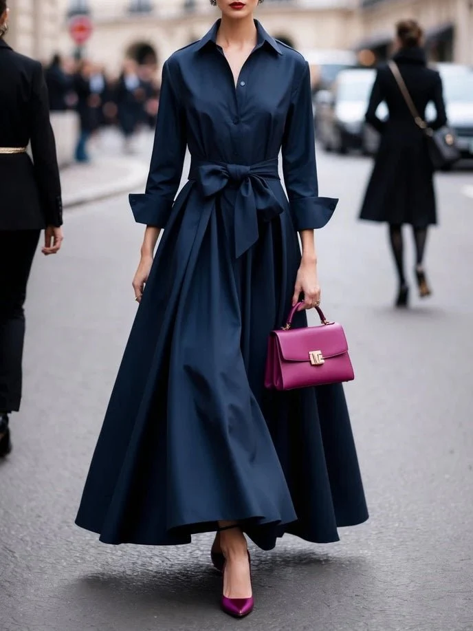 Elisabeth | Damen Hemdkleid Langarm Taillengürtel Maxikleid