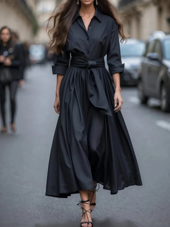 Elisabeth | Damen Hemdkleid Langarm Taillengürtel Maxikleid