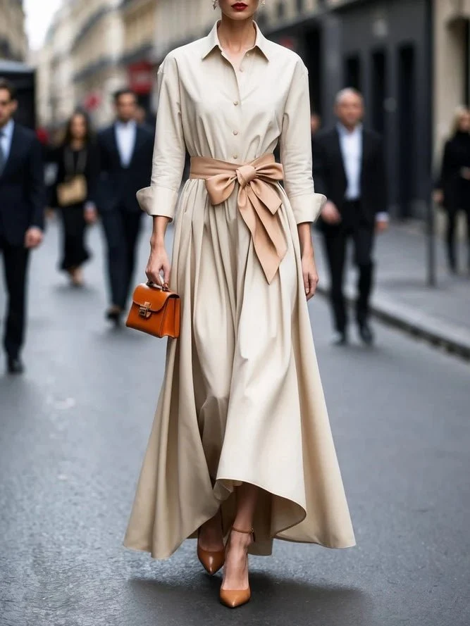 Elisabeth | Damen Hemdkleid Langarm Taillengürtel Maxikleid