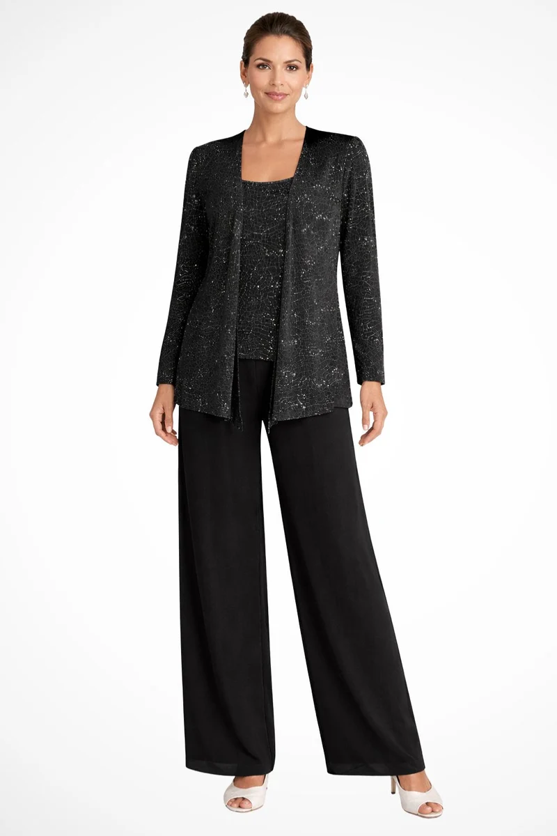 Frieda | Damen Glitzer Dreiteiler Weite Hose Blazer Set