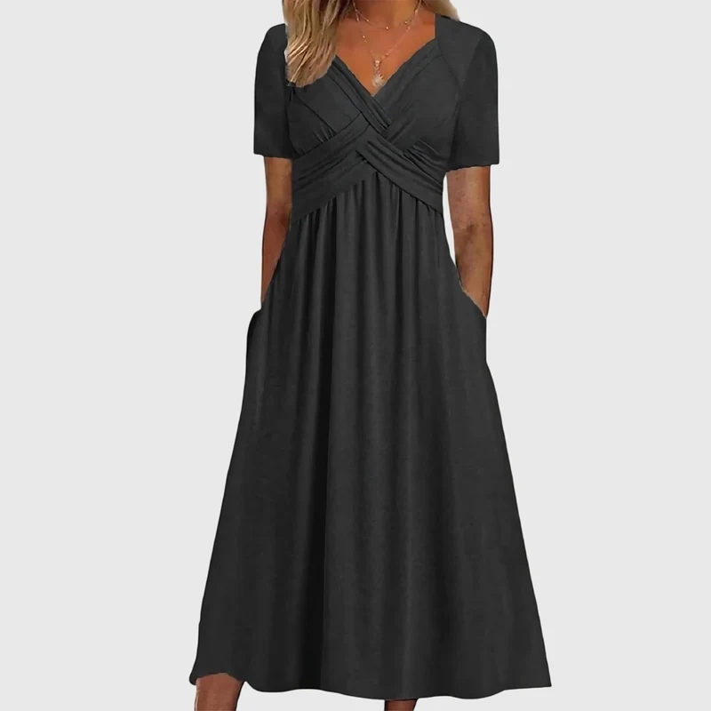 Nora | Damen Midi-Kleid mit Bauchkontrolle V-Ausschnitt Wickeloptik