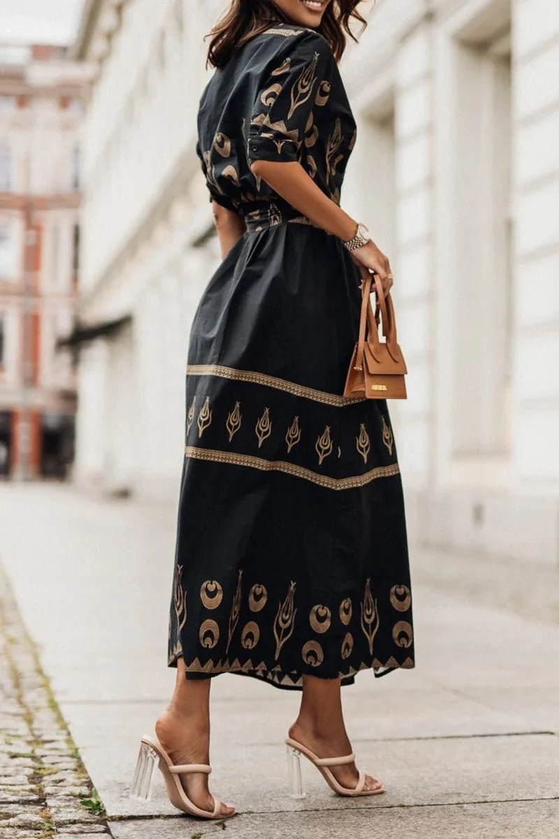 Mia | Damen Boho Gürtel Midi Kleid Dreiviertelarm Geometrisches Muster
