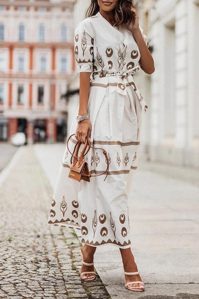 Mia | Damen Boho Gürtel Midi Kleid Dreiviertelarm Geometrisches Muster