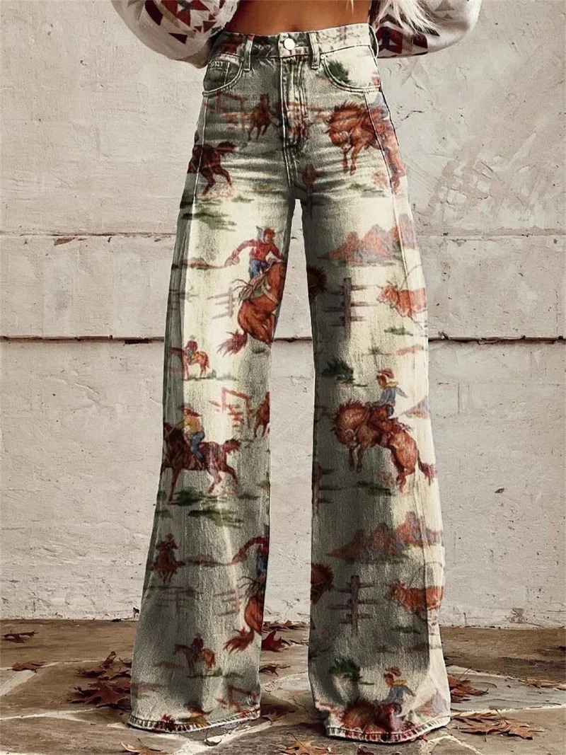 Marie | Damen Jeans Western Print High-Waist Wide-Leg Hose