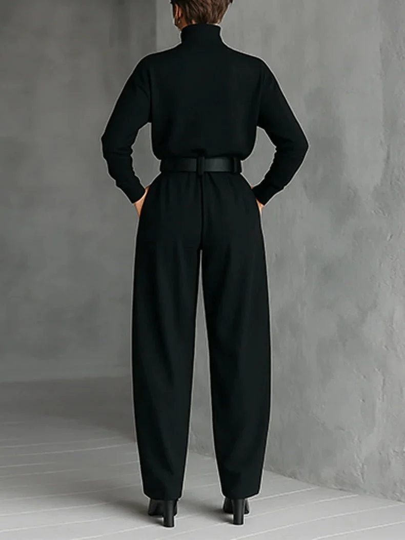 Elisabeth | Rollkragen Jumpsuit Set mit Gürtel Langarm Zweiteiler