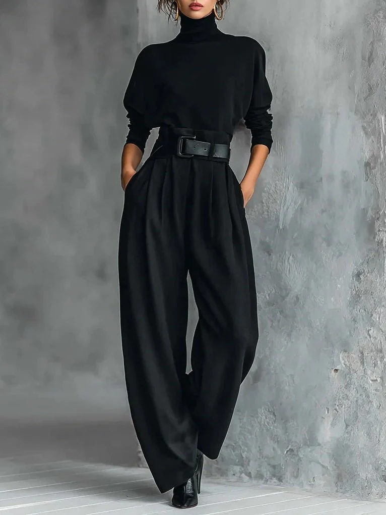 Elisabeth | Rollkragen Jumpsuit Set mit Gürtel Langarm Zweiteiler