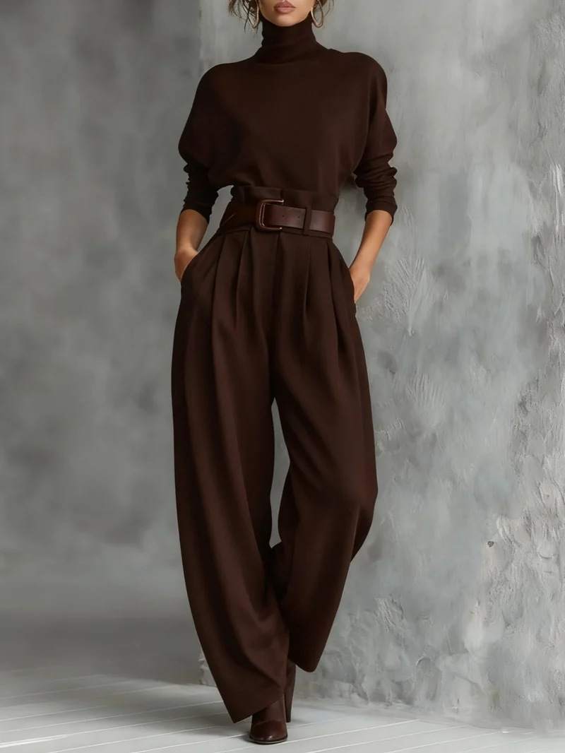 Elisabeth | Rollkragen Jumpsuit Set mit Gürtel Langarm Zweiteiler