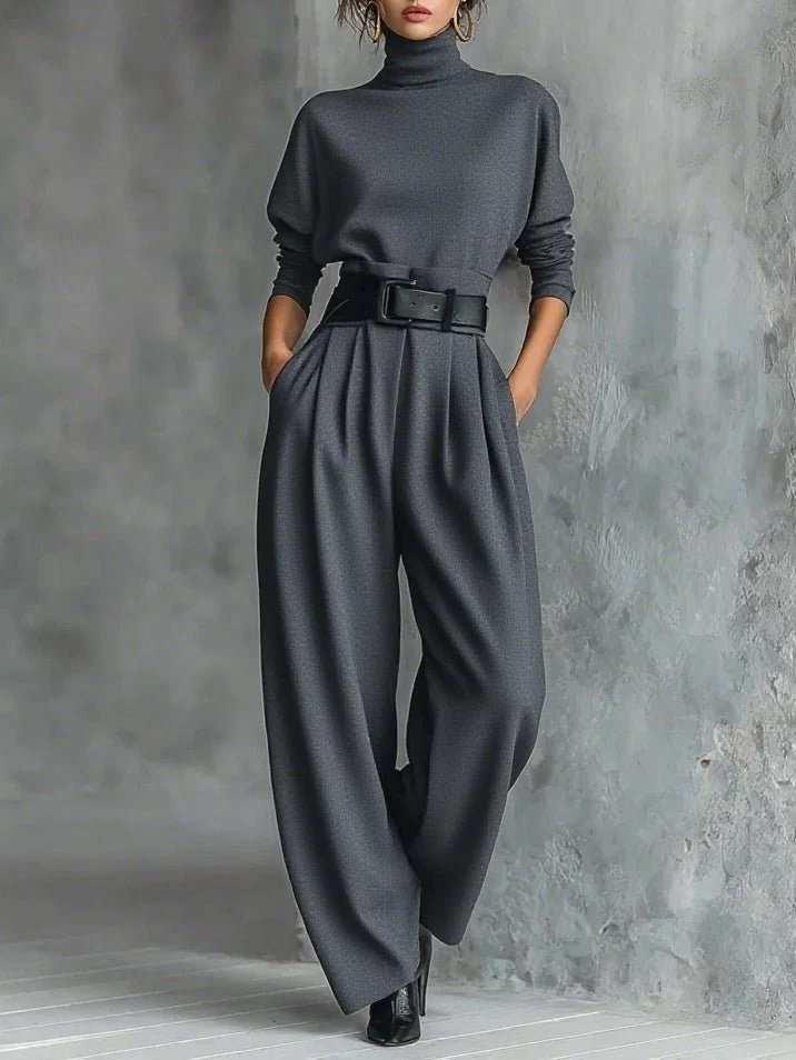 Elisabeth | Rollkragen Jumpsuit Set mit Gürtel Langarm Zweiteiler