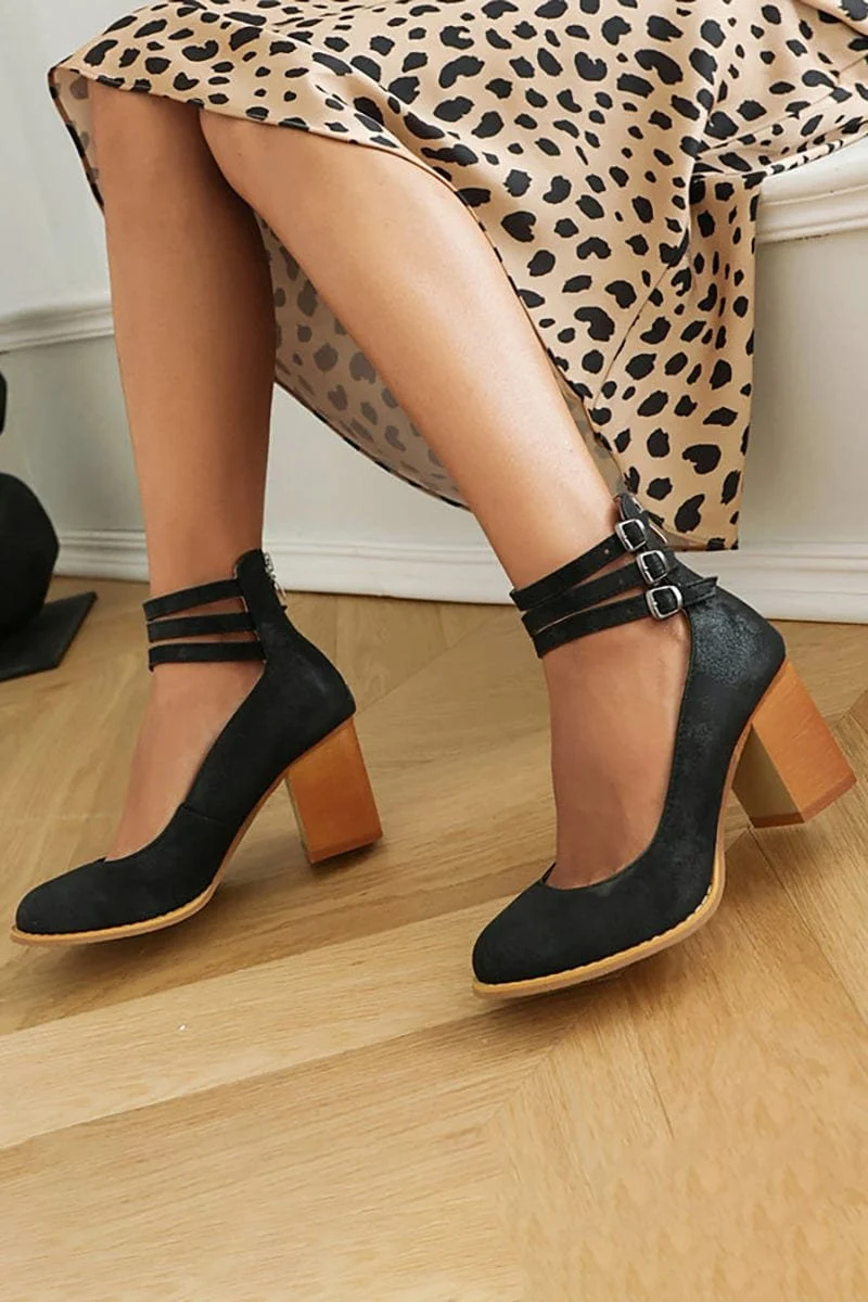 Leonie | Pumps Dreifach Schnallen Blockabsatz Leder Optik