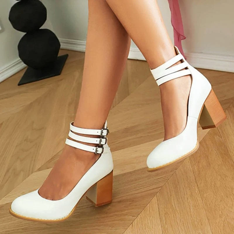 Leonie | Pumps Dreifach Schnallen Blockabsatz Leder Optik