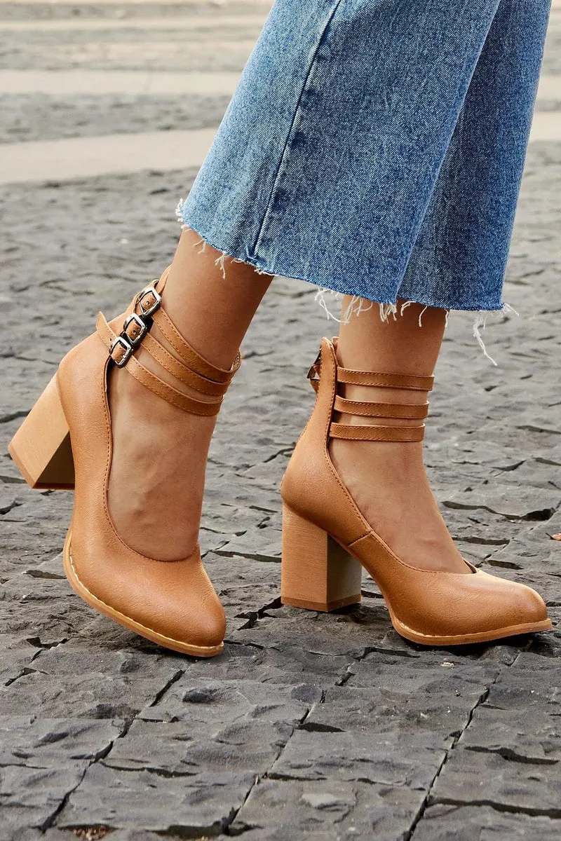 Leonie | Pumps Dreifach Schnallen Blockabsatz Leder Optik