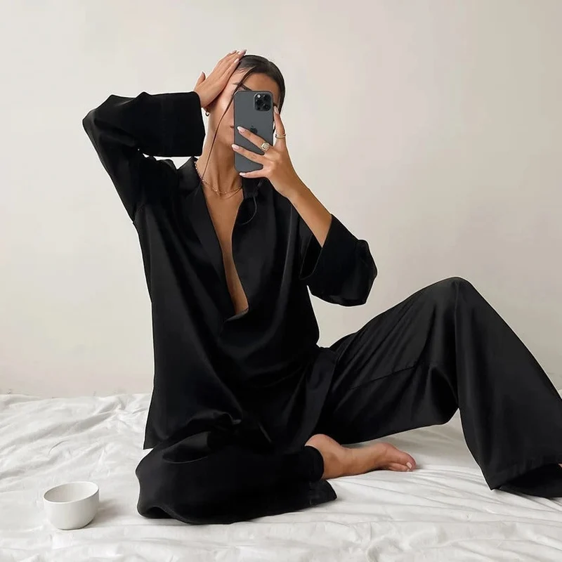 Damen Zweiteiliges Set mit Langarmhemd und weiter Hose