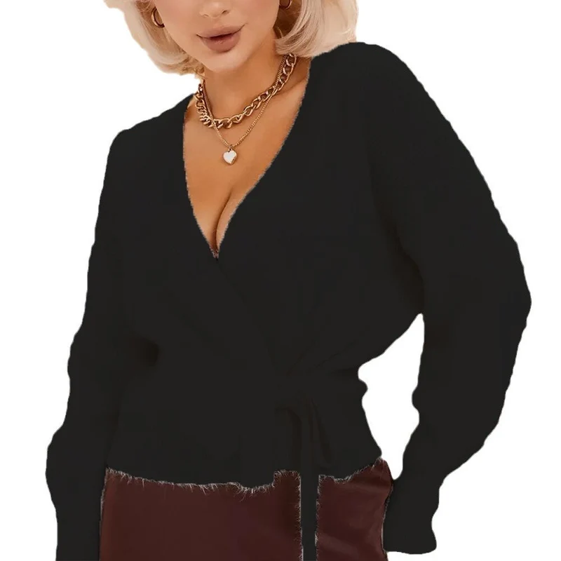 Damen Wickelstrickpullover mit V-Ausschnitt und Bindegürtel