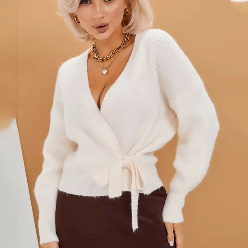 Damen Wickelstrickpullover mit V-Ausschnitt und Bindegürtel