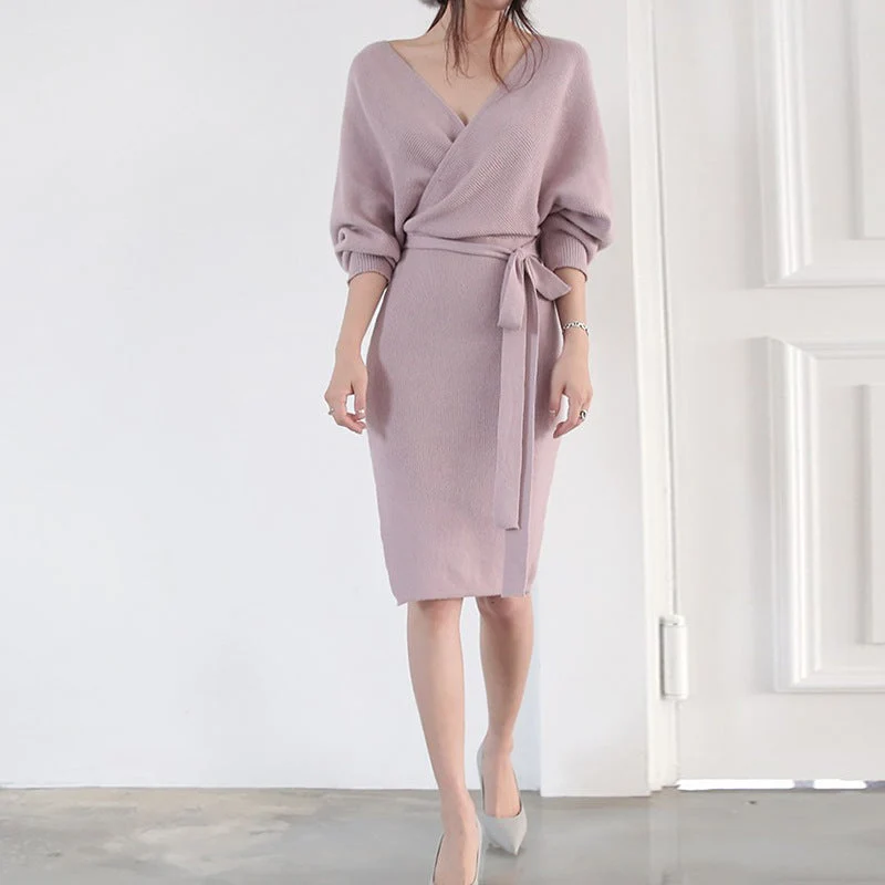 Damen Wickelstrickkleid mit V-Ausschnitt und Bindegürtel