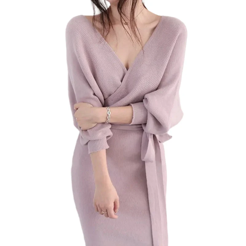 Damen Wickelstrickkleid mit V-Ausschnitt und Bindegürtel
