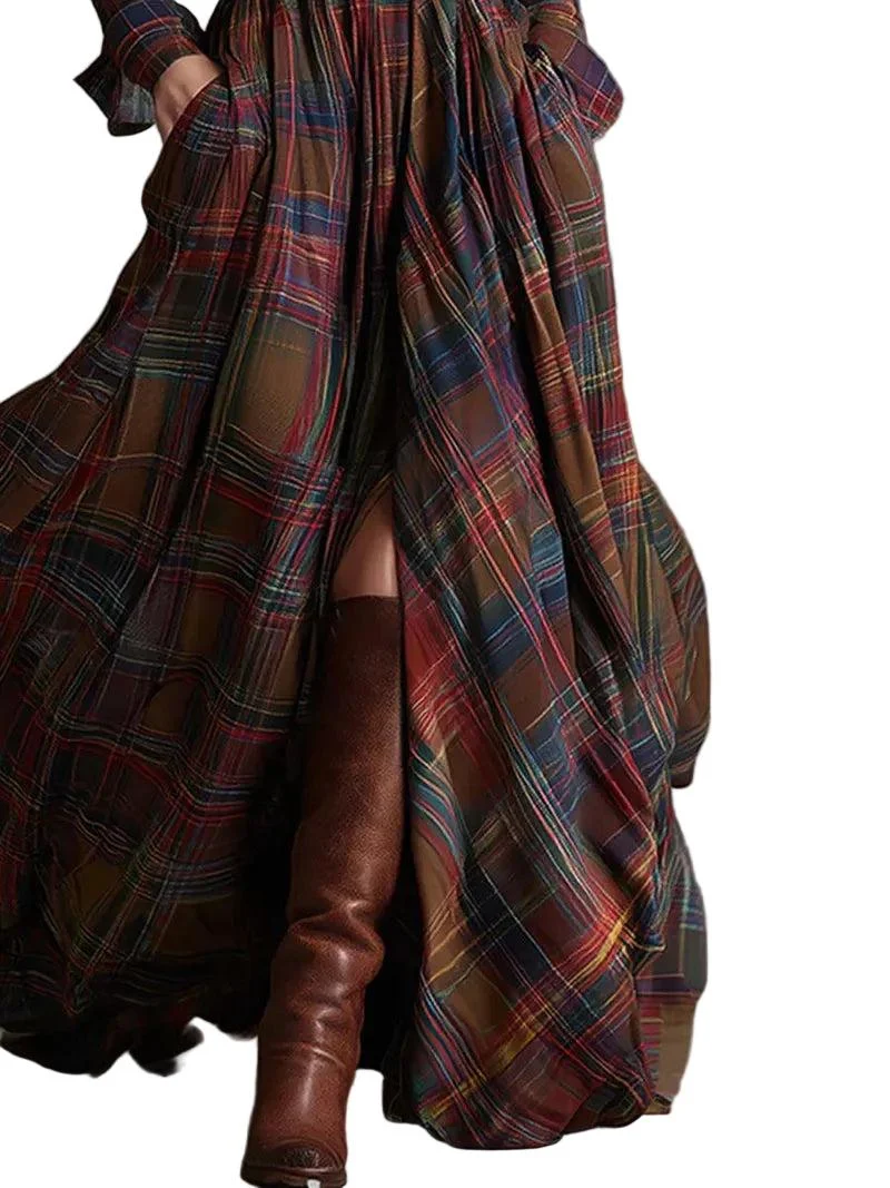 Damen Maxi-Hemdkleid im Karomuster mit Gürtel