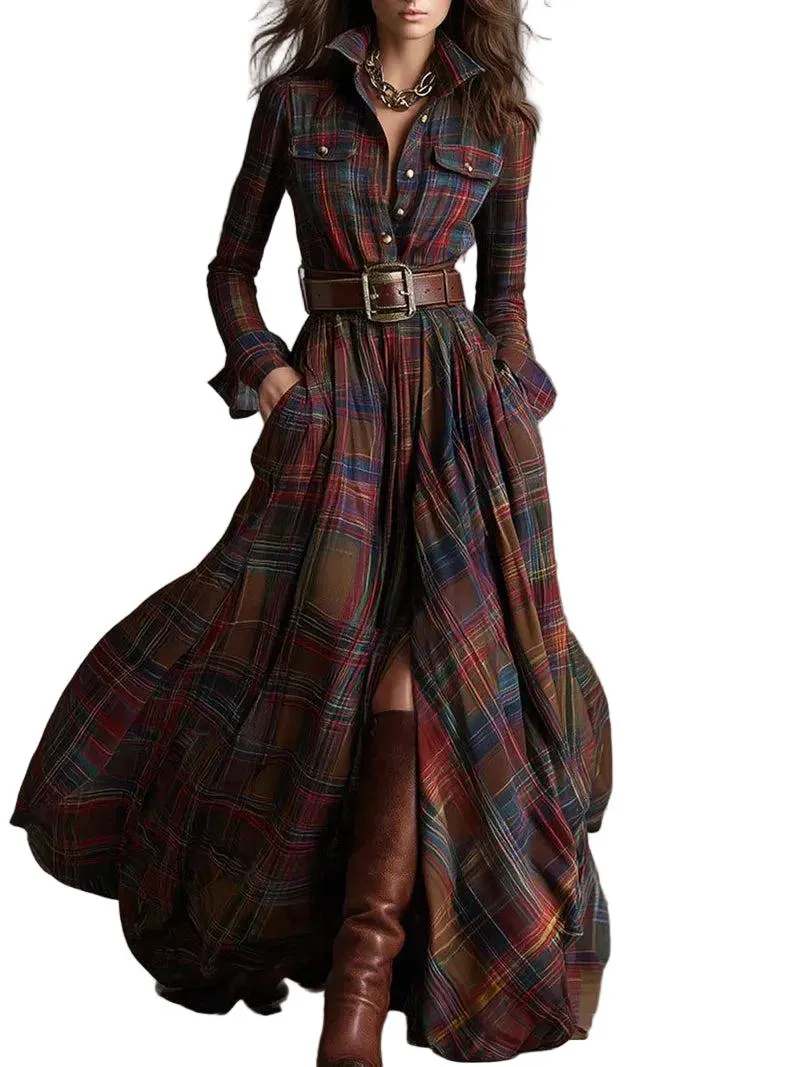 Damen Maxi-Hemdkleid im Karomuster mit Gürtel