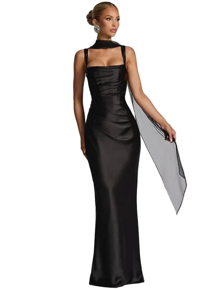 Damen Maxikleid mit geradem Ausschnitt und Drapierung
