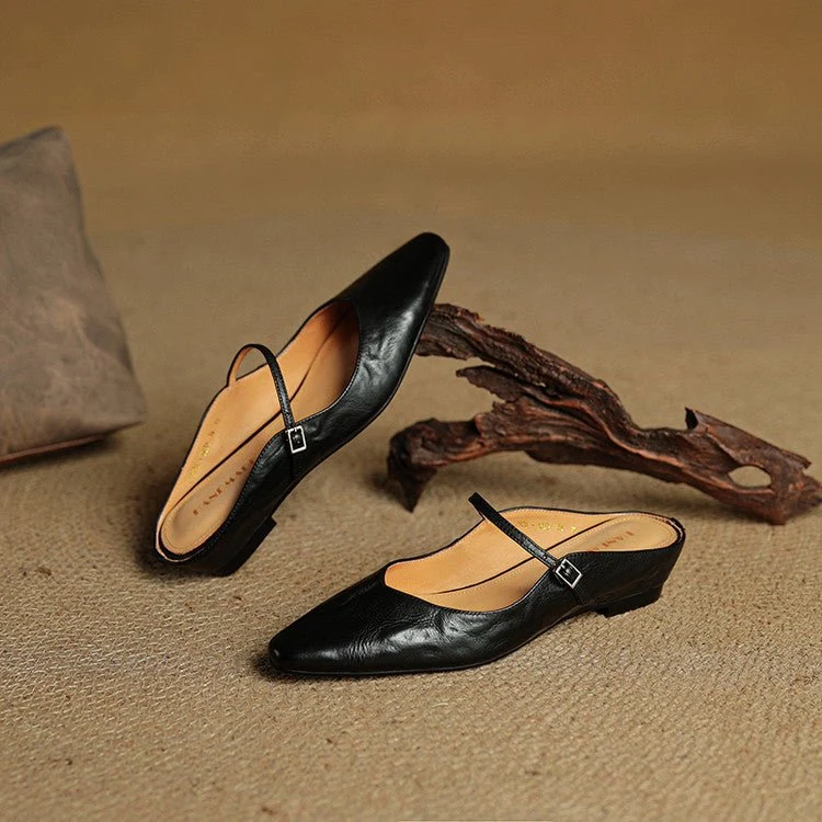 Marie | Damen Leder Mules Spitz Mary Jane Riemchen
