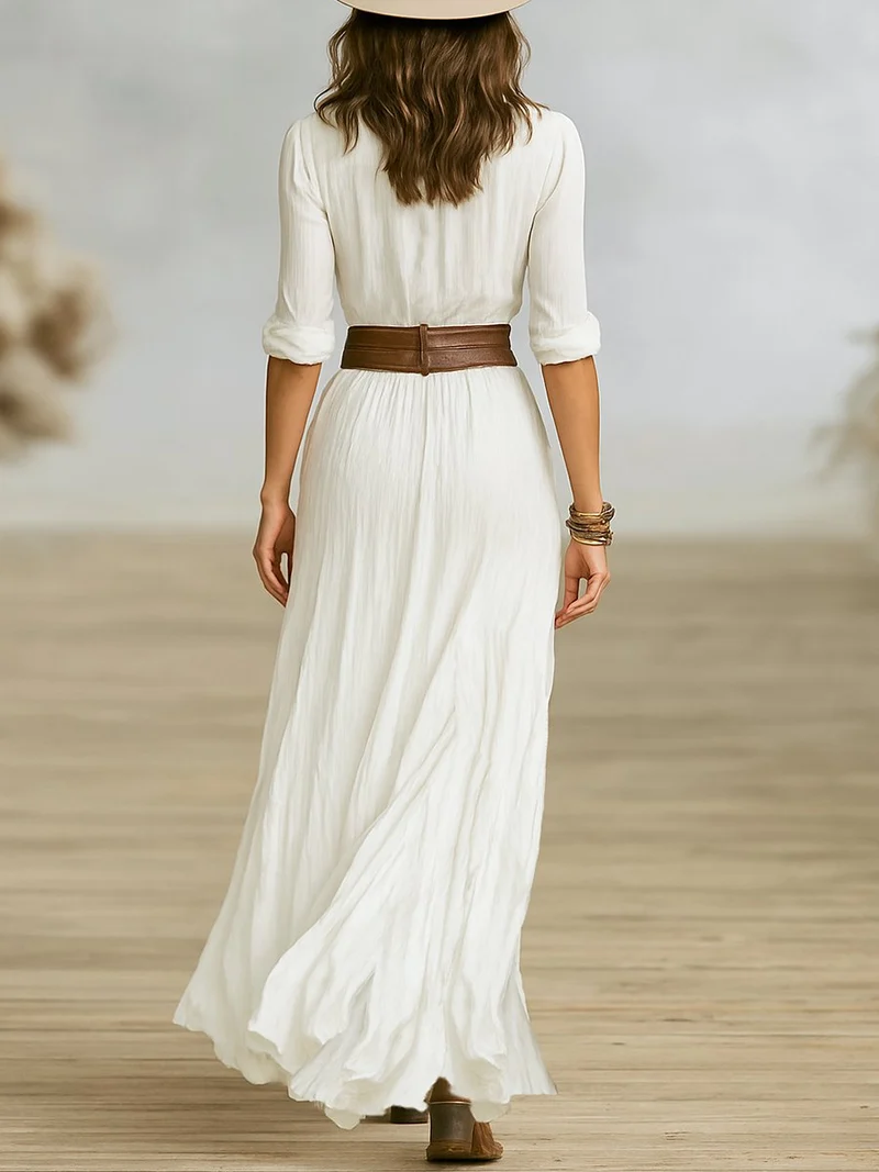 Annika | Maxi-Kleid mit Gürtel Baumwoll-Leinen V-Ausschnitt Plissiert