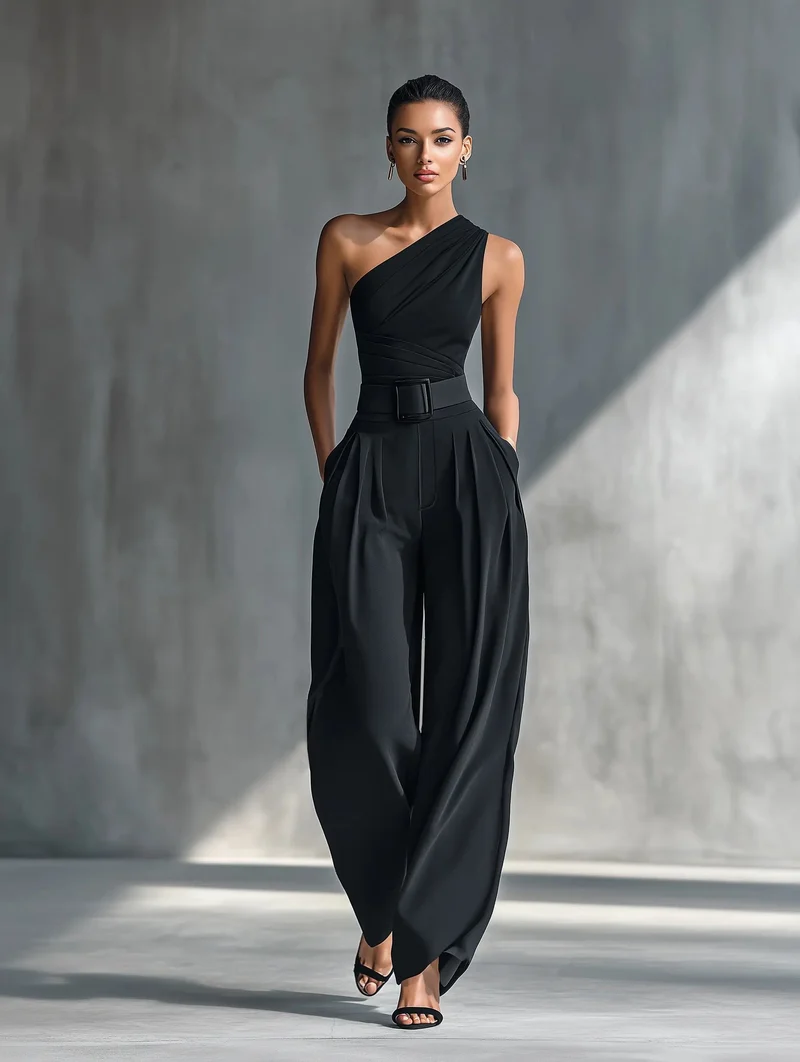 Amelie | Damen One-Shoulder Strick-Top Weite-Hosen Set