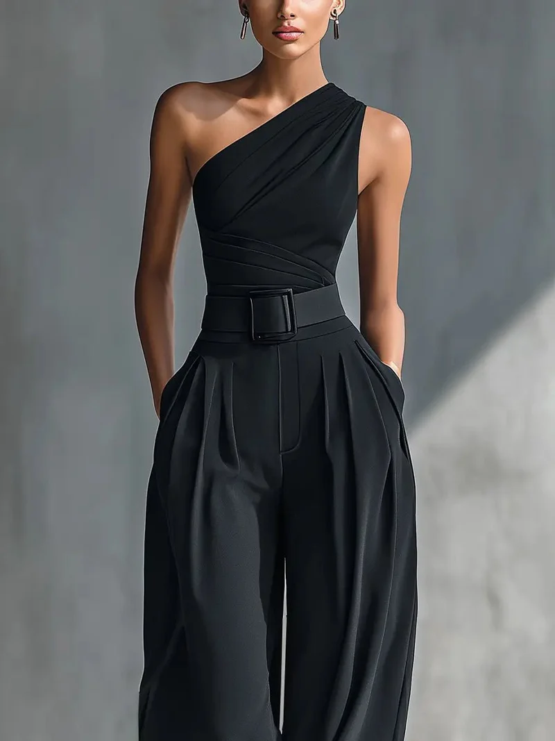 Amelie | Damen One-Shoulder Strick-Top Weite-Hosen Set