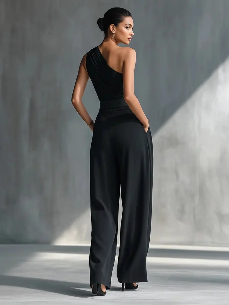 Amelie | Damen One-Shoulder Strick-Top Weite-Hosen Set