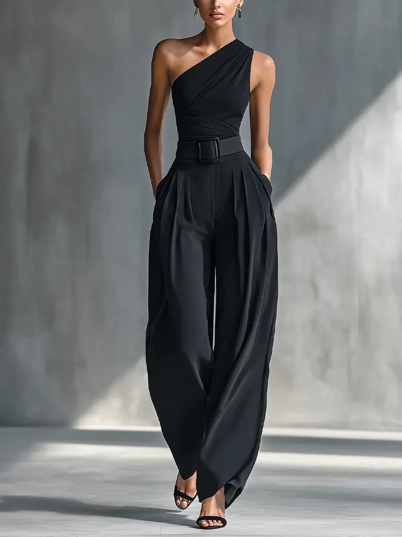 Amelie | Damen One-Shoulder Strick-Top Weite-Hosen Set
