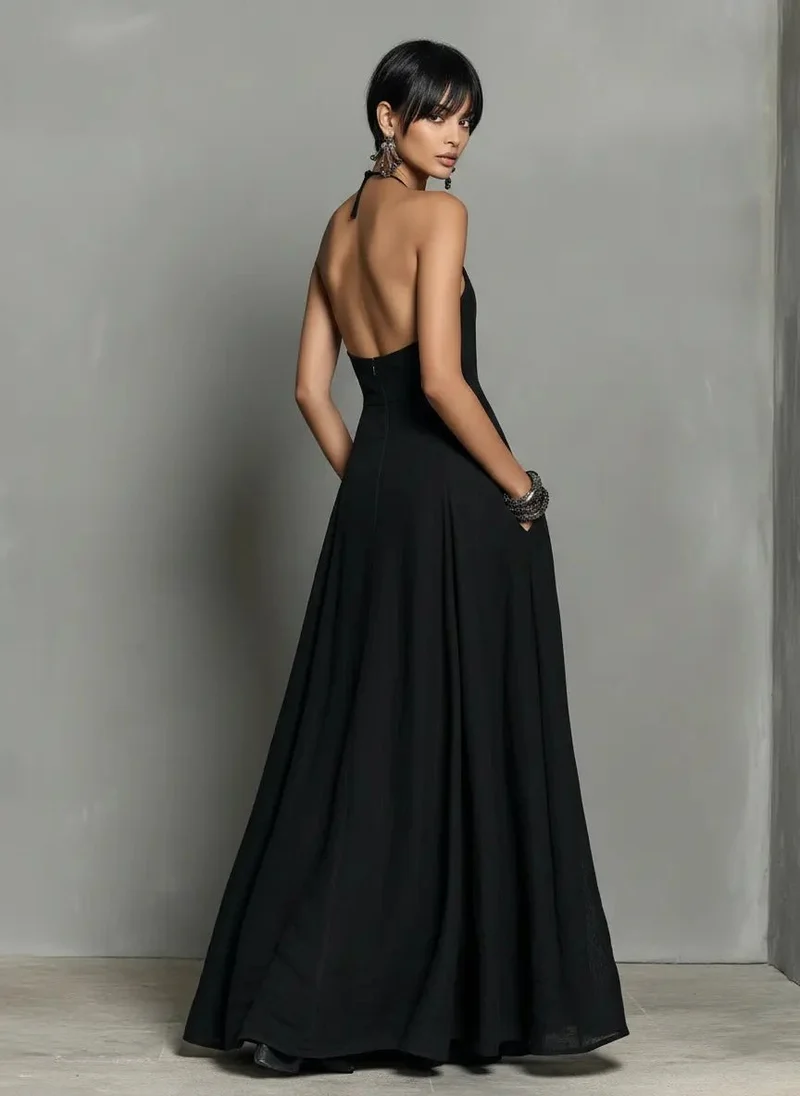 Mia | Damen Neckholder Leinen Maxi Kleid Ärmellos
