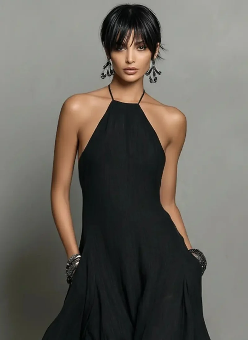 Mia | Damen Neckholder Leinen Maxi Kleid Ärmellos