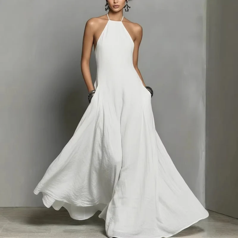 Mia | Damen Neckholder Leinen Maxi Kleid Ärmellos