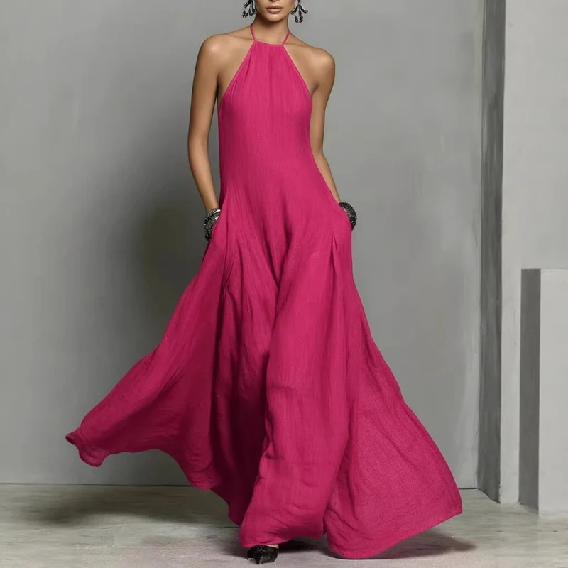 Mia | Damen Neckholder Leinen Maxi Kleid Ärmellos