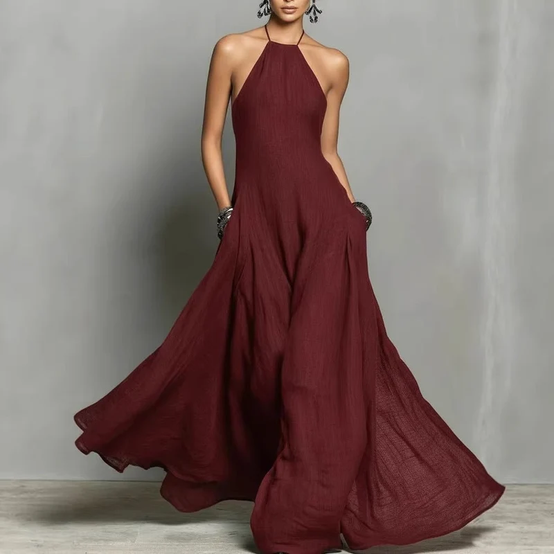 Mia | Damen Neckholder Leinen Maxi Kleid Ärmellos