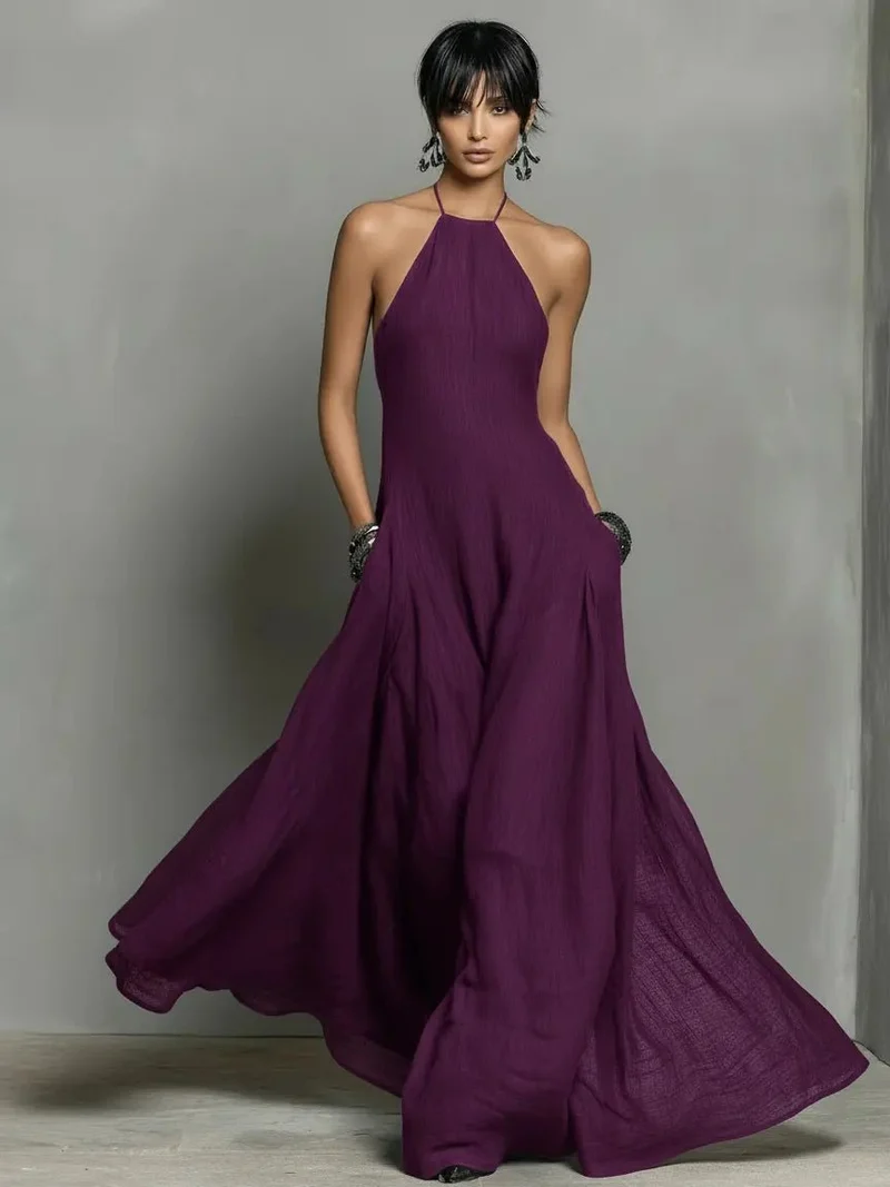 Mia | Damen Neckholder Leinen Maxi Kleid Ärmellos