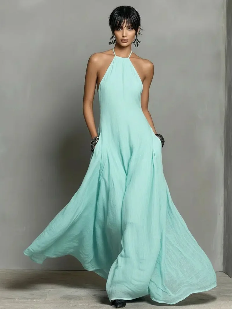 Mia | Damen Neckholder Leinen Maxi Kleid Ärmellos