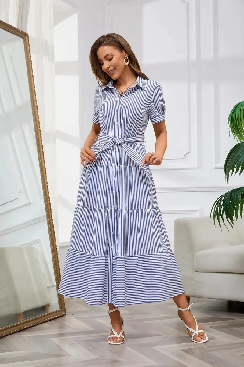 Lena | Damen Gestreiftes Maxi Hemdblusenkleid mit Gürtel und Rüschensaum