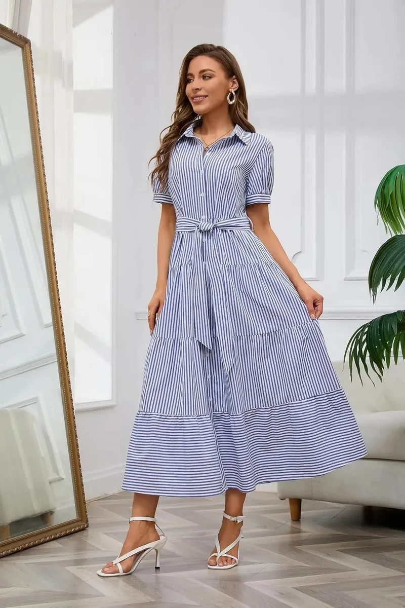 Lena | Damen Gestreiftes Maxi Hemdblusenkleid mit Gürtel und Rüschensaum