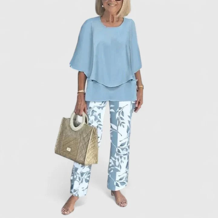 Emilia | Damen Zweiteiliges Fledermaus-Top Botanik Weitbein-Hosen Set