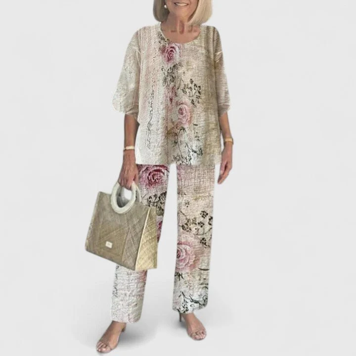 Emilia | Damen Zweiteiliges Fledermaus-Top Botanik Weitbein-Hosen Set