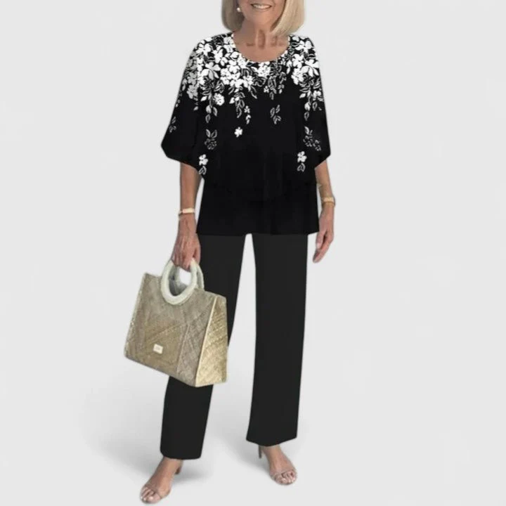 Emilia | Damen Zweiteiliges Fledermaus-Top Botanik Weitbein-Hosen Set