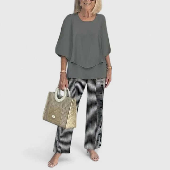 Emilia | Damen Zweiteiliges Fledermaus-Top Botanik Weitbein-Hosen Set